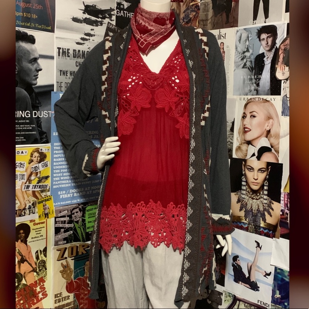 Johnny Was Gray Jkt w Brgndy Red Embroidery - Sz M